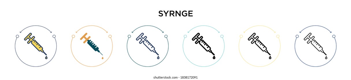 Syrnge icon in filled, thin line, outline and stroke style. Vector illustration of two colored and black syrnge vector icons designs can be used for mobile, ui, web