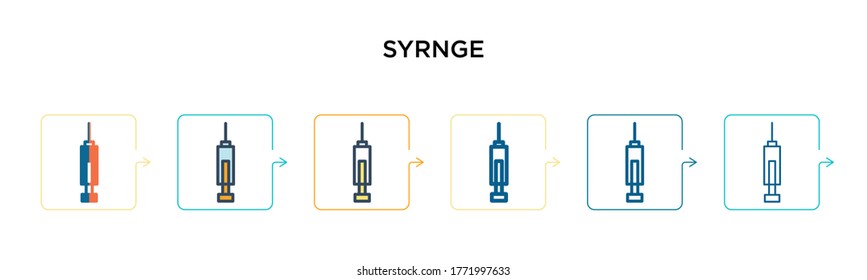 Syrnge vector icon in 6 different modern styles. Black, two colored syrnge icons designed in filled, outline, line and stroke style. Vector illustration can be used for web, mobile, ui