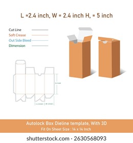 Modelo dieline da caixa de bloqueio automático de xarope e arquivo vetorial 3D