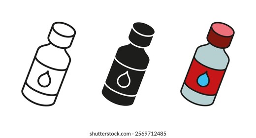 Syrup bottle icon. Liquid medicines vector illustration. Drug container symbol. Medical drops. Antibiotic or vitamin supplement sign. Pharmaceutical capsule pictogram. Pills medication concept.