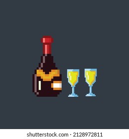 Sirup-Flasche und zwei Glas in Pixel-Stil