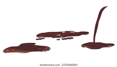 syrup is brown. soy sauce. Melted chocolate, cocoa. Vector illustration. Spilled sauce drops. Isolated on a white background.