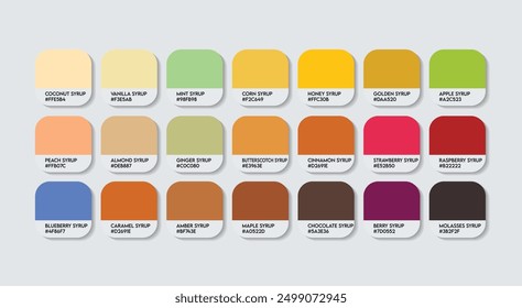 Syrup Color Palette, Syrup Color Guide Palette with Color Names. Catalog Samples of the cake with RGB HEX codes and Names. Plastic Colors Palette Vector, paint, Fashion Trend Multicolor Color shades