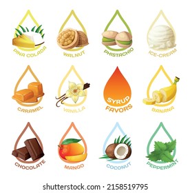 Syrup drops with various flavors vector icons collection. Flavors chart for ice-cream, coffee, alcohol drinks isolated on white background. Pina colada, walnut phistachio, soft ice cream, caramel