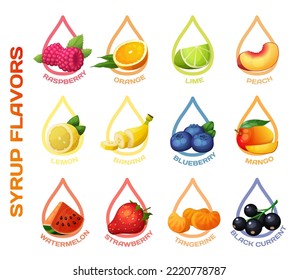 Syrup drops with various flavors vector icons collection. Flavors chart for ice-cream, coffee, alcohol drinks isolated on white background. Raspberry, orange lime, soft ice cream, peach black currant