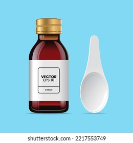 syrup glass bottle and spoon. for mock up , symbol, icon, banner, medical product template. 3d realistic vector illustration
