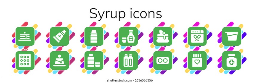 syrup icon set. 14 filled syrup icons. Included Pancakes, Drugs, Ointment, Creme caramel, Syrup, Suppositories, Pancake, Drug icons