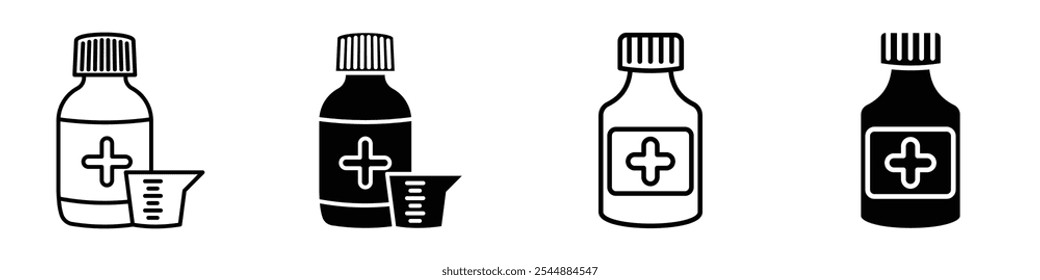 Syrup medicine bottle icon collection in black and white filled and solid vector style.