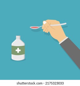 Sirup-Medizin-Illustration, Hand, die einen Löffel hält, der Sirup enthält, und es gibt eine Flasche, flacher Design-Vektorgrafik