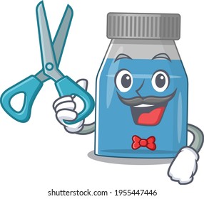 Syrup medicine talented barber cartoon character design working in the barbershop. Vector illustration