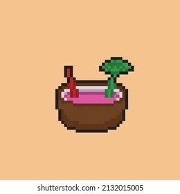 Sirup auf Kokosnuss-Früchten in Pixel-Stil