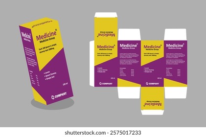 Syrup packaging Box Brand Syrup Medicine Packaging vector illustration purple and yellow color theme with gray background