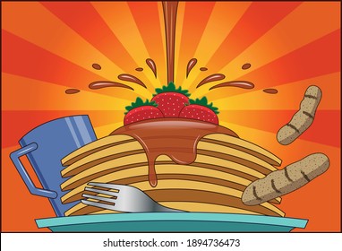 Syrup is poured on a stack of pancakes.