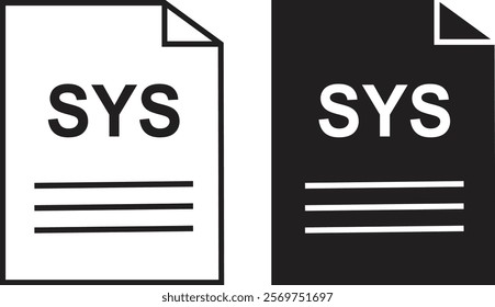 SYS file icon set. SYS file type symbol. File SYS format icon in black filled and outlined style isolated on transparent background. Ideal for technology or data related content, vector illustration.