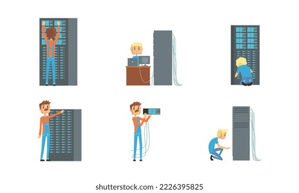 Sysadmin characters set. Men repairing and adjusting network connection and upkeeping server. Support and administration vector illustration