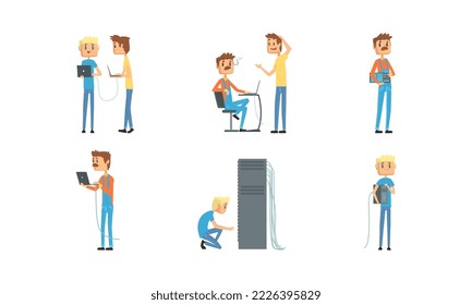 Sysadmin characters set. System administrator repairing and adjusting network connection, working on computer and upkeeping server. Support and administration vector illustration