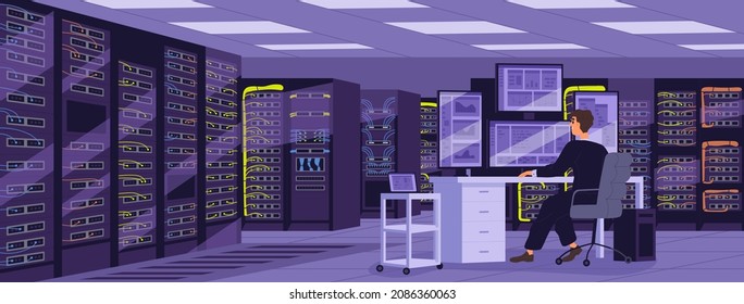 Sysadmin At Computer In Server Room With Storage Equipment, Hardware Racks, Network Devices. Maintenance And Administration Of Digital Database Security In Data Center. Flat Vector Illustration