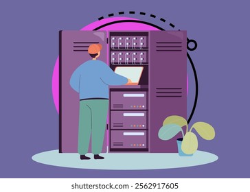 Sysadmin engineer working at switchboard with server rack. Professional electrician man fixing power cable flat vector illustration. Telecommunication network and internet equipment concept