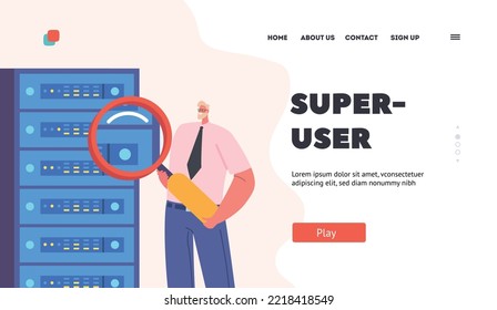 Sysadmin Landing Page Template. System Administrator Working With Server Rack Cabinets and Computer Datacenter. Male Character with Magnifier Adjusting Network. Cartoon People Vector Illustration