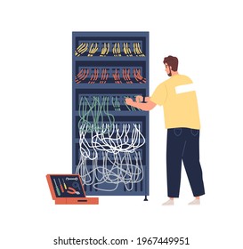 Sysadmin maintaining or repairing server. Technical engineer adjusting network. System administration and maintenance. Colored flat vector illustration of repairman isolated on white background