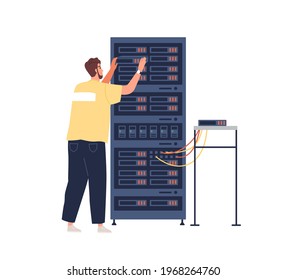 Sysadmin maintaining work of server cabinet, repairing and adjusting network connection. Engineer working with switchboard. Colored flat vector illustration of technician isolated on white background