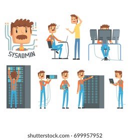 Sysadmin, network engineer characters, set of network diagnostics, users support and server maintenance cartoon vector Illustrations