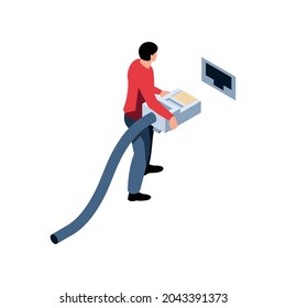 Sysadmin Plugging Ethernet Cable Into Port Isometric Vector Illustration