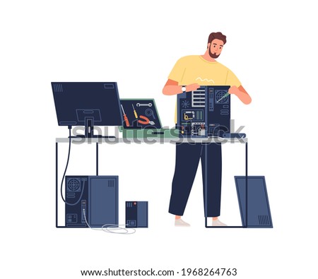 Sysadmin repairing computer. Technician mending PC hardware. Repairman working with system unit and tools. Colored flat vector illustration of technical specialist isolated on white background