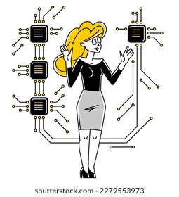 Sysadmin repairing hardware vector outline illustration, system administrator computer engineer working with circuit boards motherboard and processor, server pc technology.