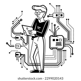 Sysadmin reparando la ilustración de contorno vectorial de hardware, ingeniero informático administrador de sistemas que trabaja con placas de circuitos, motherboard y procesador, tecnología pc de servidor.