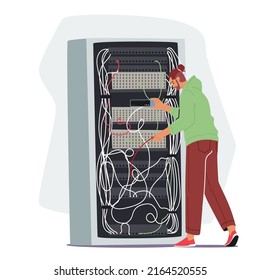 Sysadmin Servicing Server Racks. System Administrators Character Upkeeping, Administration, Configuration of Computer Systems and Networks, Testing or Repair Appliance. Cartoon Vector Illustration