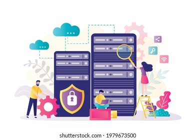 Sysadmins team configures database. System administrators optimize server or cloud. Concept of web hosting and technical support. Data network management. Data center room. Flat vector illustration