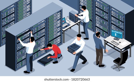 Sysadmins working at data center fixing problems with internet connection horizontal 3d isometric vector illustration