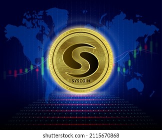 Syscoin (SYS) Coin 3D Vector illustration. Cryptocurrency blockchain (crypto currency) Future digital replacement technology Silver golden virtual currency growth share chart is background