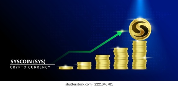 Syscoin (SYS) Coin crypto on blue background. Stablecoin blockchain token price increase from pile of gold coins.There is space to enter message. Nice for cryptocurrency digital money concept.