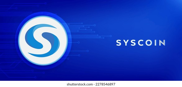 Syscoin SYS cripto moneda azul fintech futurista banner y vector de fondo