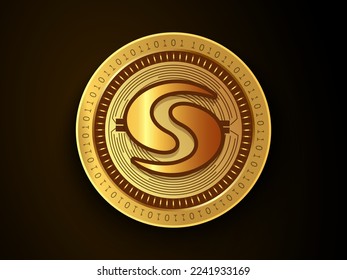Syscoin (SYS) crypto currency symbol and logo on gold coin. Virtual money concept token based on blockchain technology. 