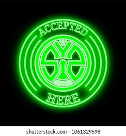 Syscoin  (SYS) green  neon cryptocurrency symbol in round frame with text "Accepted here". Vector illustration isolated on black background
