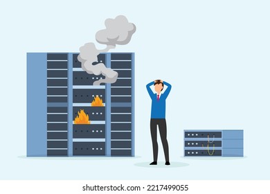 System admin servicing Server Racks with Burning Fire inside 2d vector illustration concept for banner, website, illustration, landing page, flyer, etc.