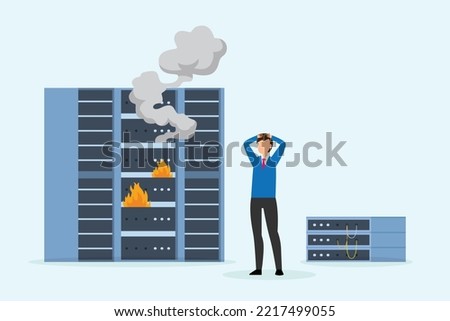 System admin servicing Server Racks with Burning Fire inside 2d vector illustration concept for banner, website, illustration, landing page, flyer, etc.