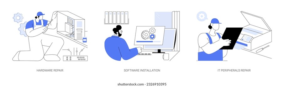 System administration abstract concept vector illustration set. Computer technician fixing hardware, assembling computer, professional software installation, IT peripherals repair abstract metaphor.