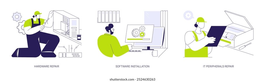 Conjunto de ilustração vetorial de conceito abstrato de administração do sistema. Técnico de computador consertando hardware, montando computador, instalação de software profissional, periféricos de TI reparar metáfora abstrata.