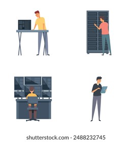 Los iconos de administración del sistema establecen el Vector de dibujos animados. Man ajustando la conexión de red. Mantenimiento del servicio