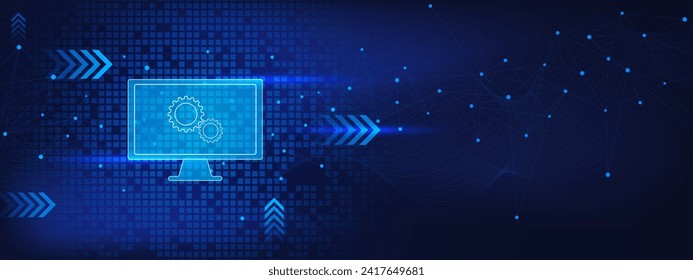 Concepto de administración de sistemas y soporte técnico con puntos y líneas de monitorado, engranaje y conexión. Acceso remoto y control del equipo de escritorio. Ilustración vectorial.