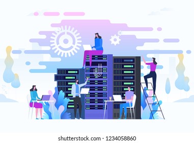 System administration, upkeeping, configuration of computer systems and networks concept. System administrators or sysadmins are servicing server racks. Vector flat illustration