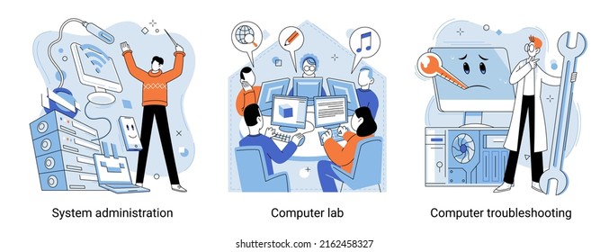 System administrations, computer lab and troubleshooting vector metaphors set, digital technology maintenance. Sysadmins servicing server racks, discuss problems with system breakdown at meeting