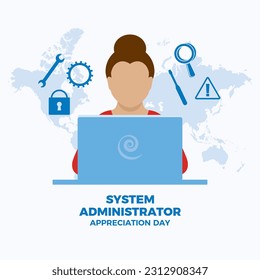 System Administrator Appreciation Day vector illustration. Female admin using laptop icon vector. Working woman system administrator design element. Programming symbol icon set. Important day