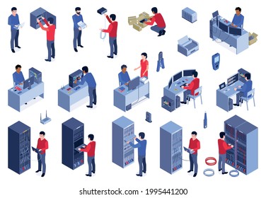 System administrator color set with server configuration symbols isometric isolated vector illustration