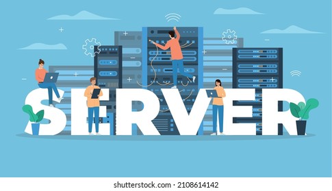 System administrator composition of flat text surrounded by people holding laptops and wires in server racks vector illustration