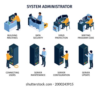 System administrator composition set with server maintenance symbols isometric isolated vector illustration